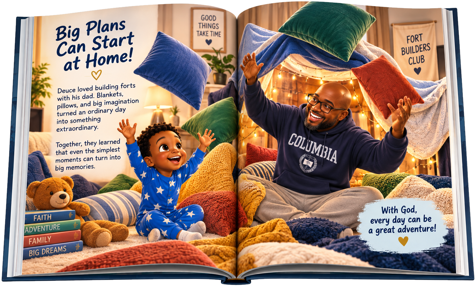 Open book spread showing Deuce and Dad building a giant blanket fort