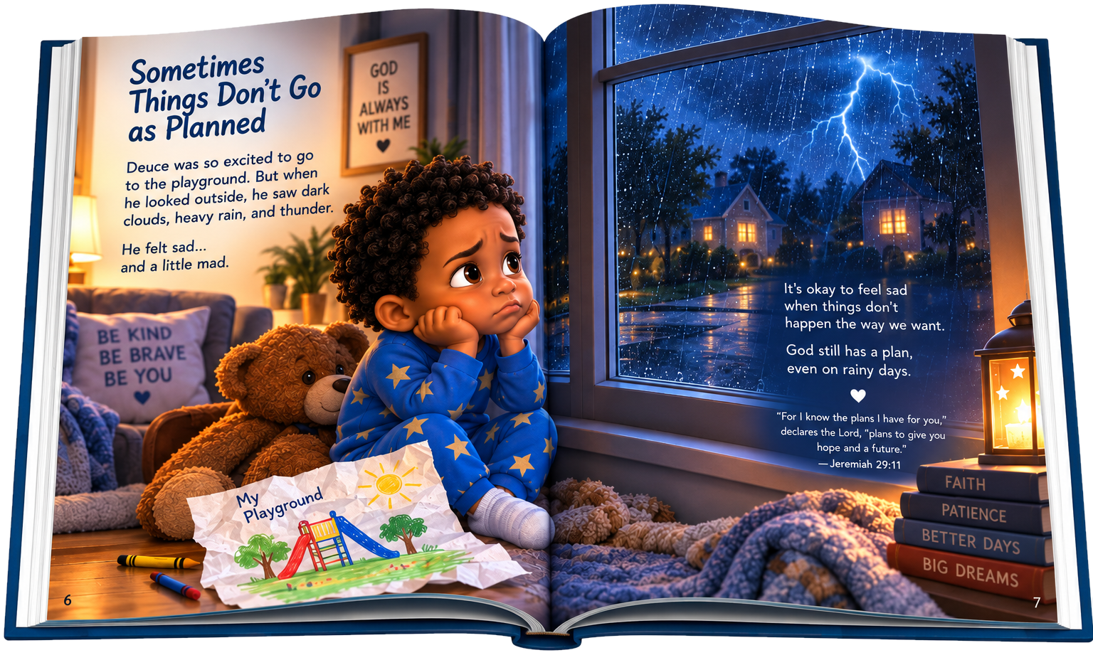 Open book spread showing Deuce watching a rainy thunderstorm