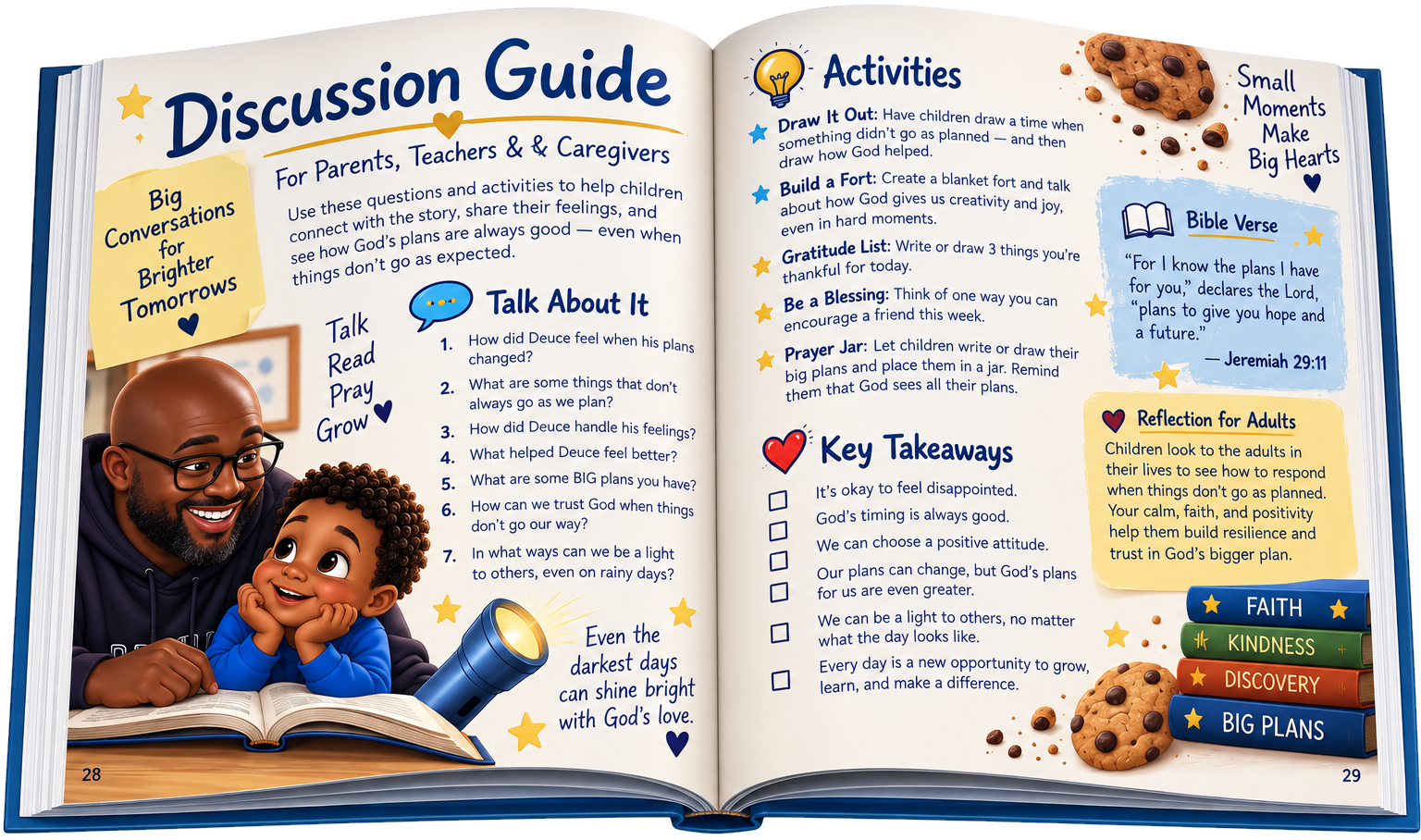 Open book spread featuring the parent and teacher discussion guide